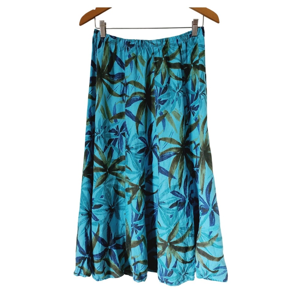 CMC BY COLOR‎ ME COTTON Blue Floral Print Midi Skirt Women's Small 100% Linen